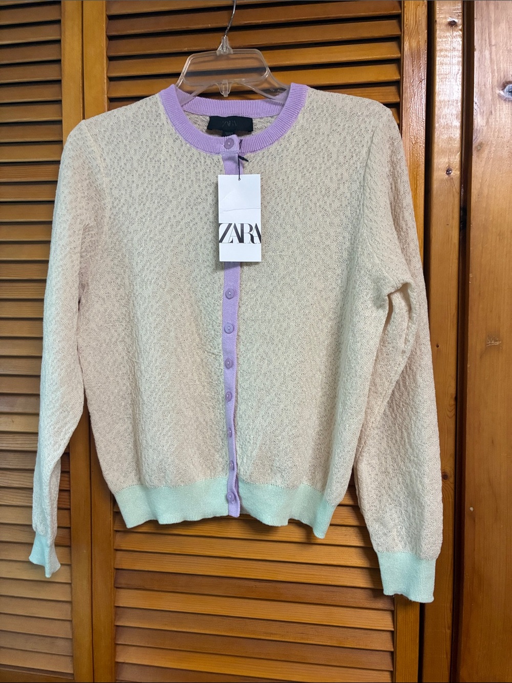 ZARA Cream Cardigan with Lavender Trim and Mint Hem length 22” pit to pit 20”